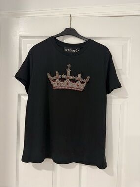 Uterque Barcelona Brand Black Embellished Crown T Shirt Large Size New no Tags